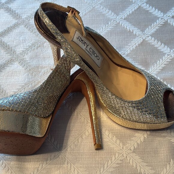 Jimmy Choo Champagne /Gold PlatformGlitter Shoes-